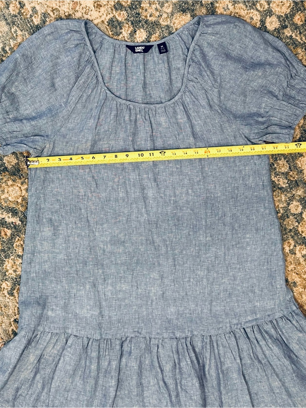 Lands' End Chambray Puff-Sleeve Tiered Midi Dress — Light Blue - Picture 8 of 10